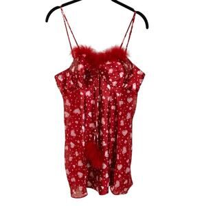 Red Satin Heart Print Feather Babydoll Nightie L Lovecore Pink Girly